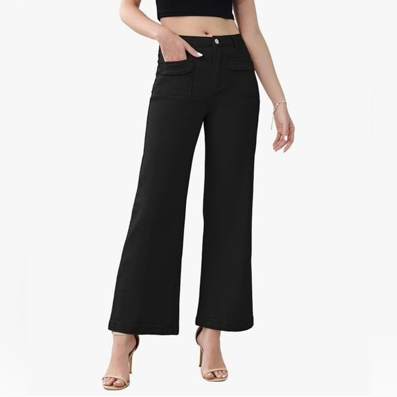 Wide Leg Jeans  Trendy High Waisted Boyfriend Stretchy Straight Cropped Pants - Picture 1 of 10